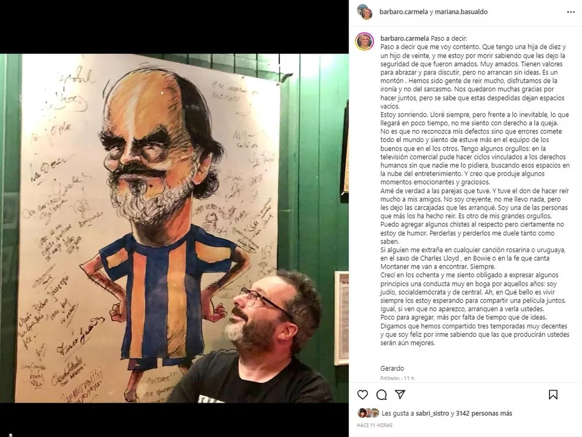 La carta que dejó Gerardo Rozín antes de morir. (Foto: instagram/barbaro.carmela)