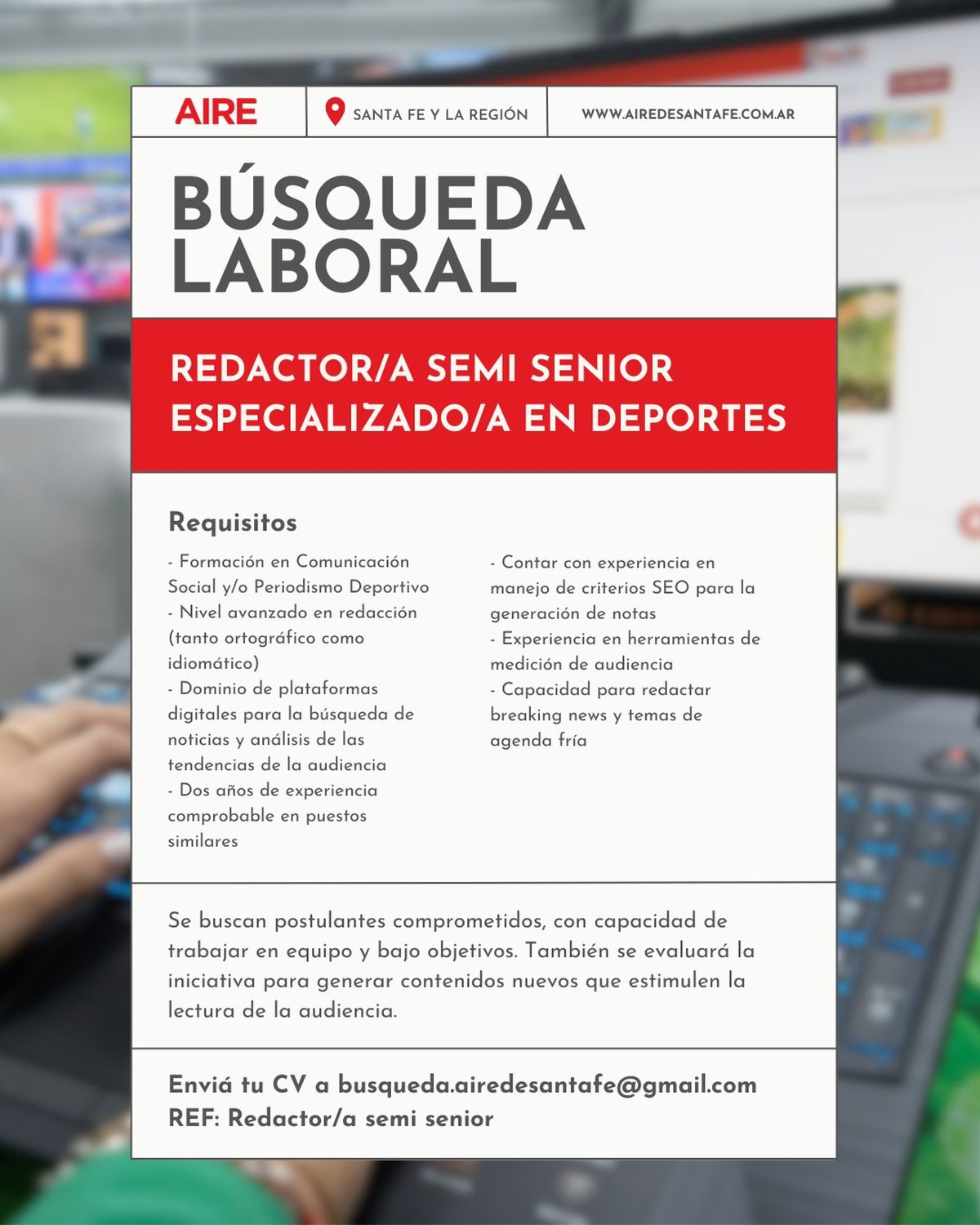 AIRE lanza una búsqueda laboral para incorporar redactores y editores con formación periodística