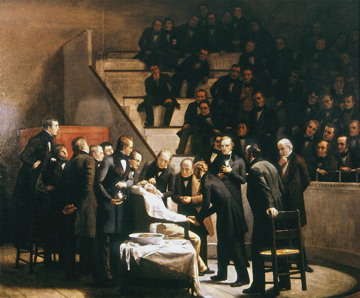 El doctor John Warren extrae un tumor del cuello a un paciente previamente anestesiado por William Morton el 16 de octubre de 1846. Óleo de Robert Hinckley (1882). Biblioteca de Medicina, Boston.