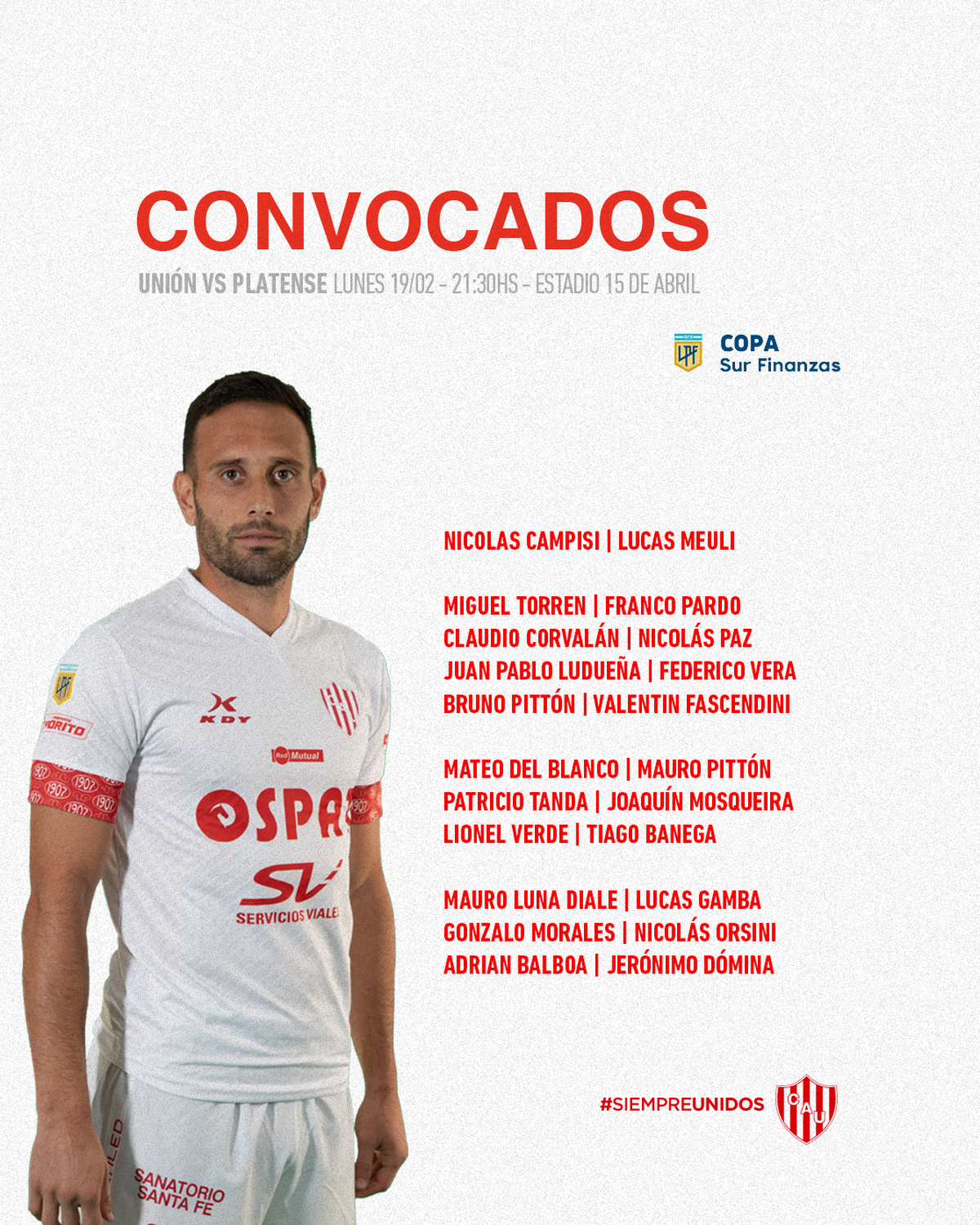 Los 23 convocados de Unión para recibir a Platense por la Copa de la Liga. Los 23 convocados de Unión para recibir a Platense por la Copa de la Liga.