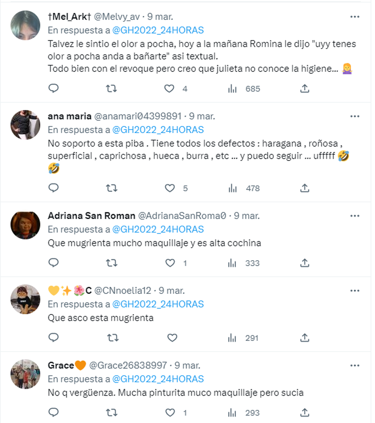 Los mensajes en Twitter sobre la falta de higiene de Julieta Poggio.