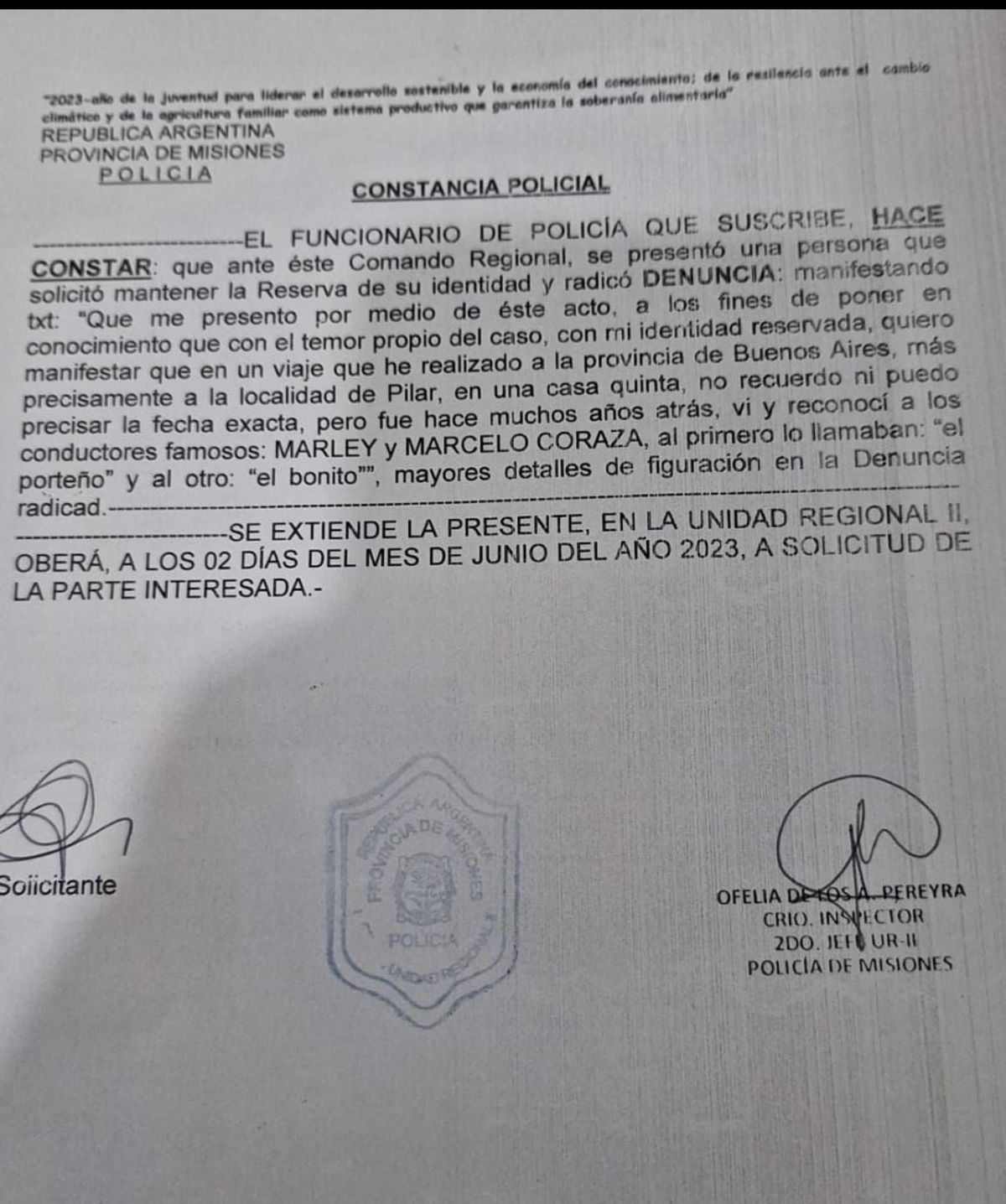 La denuncia fue radicada contra Marley en Misiones.