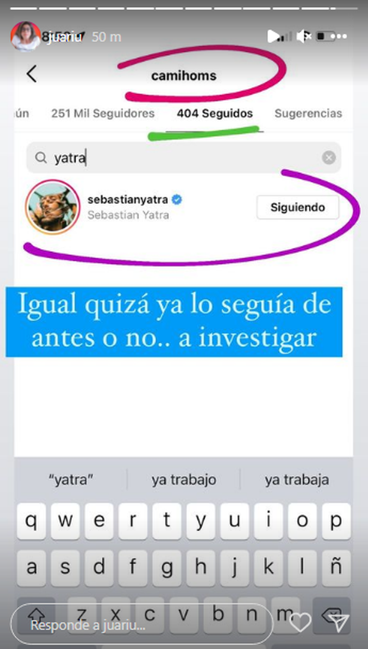 Camila Homs siguió a Sebastián Yatra.
