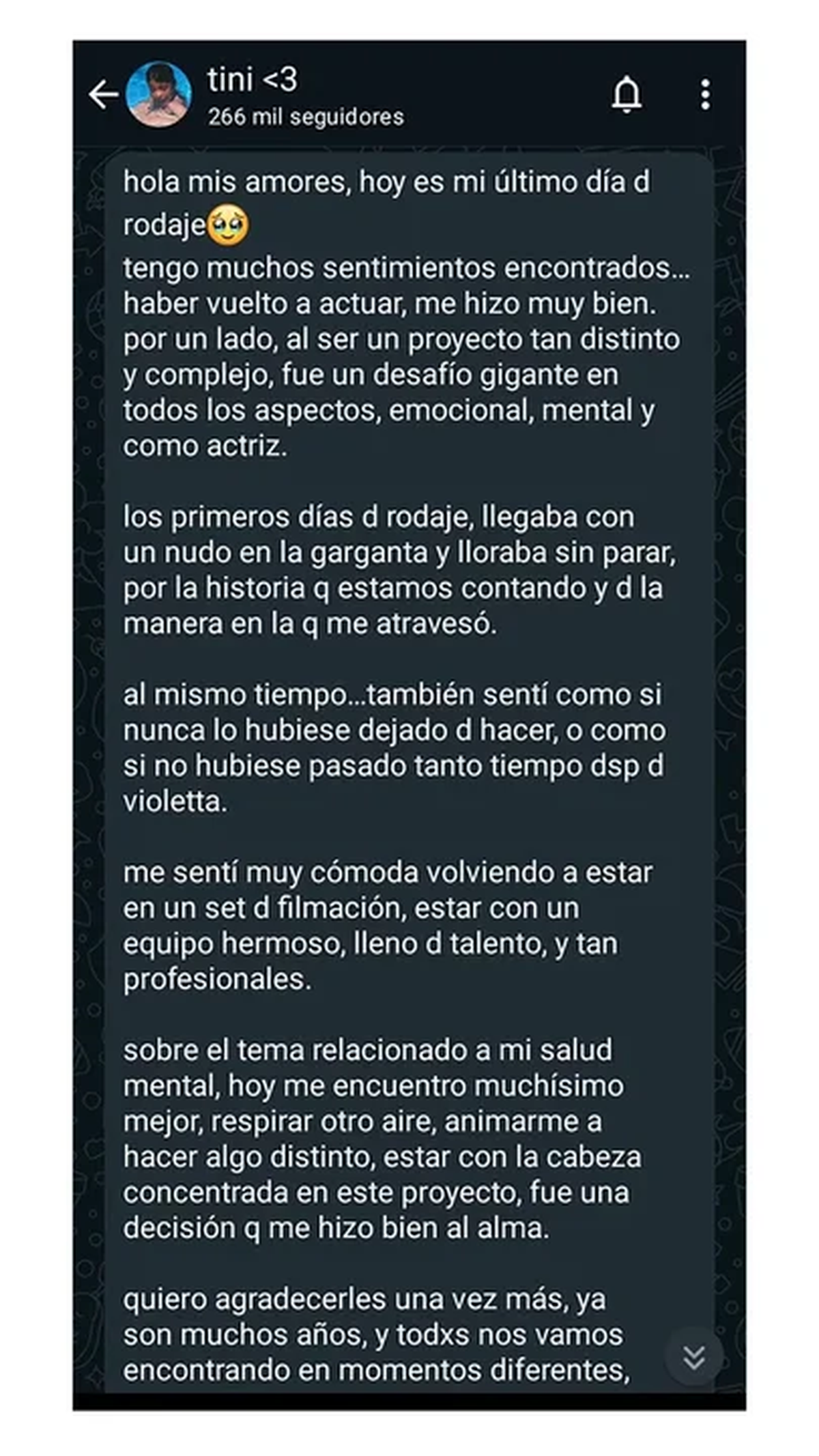 El mensaje de Tini a sus seguidores. El mensaje de Tini a sus seguidores.