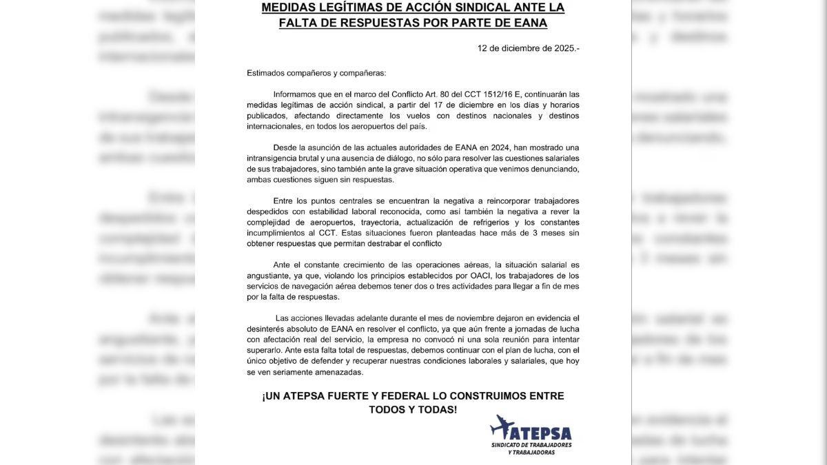 El gremio de controladores aéreos exige una solución a los incumplimientos salariales y laborales de EANA.