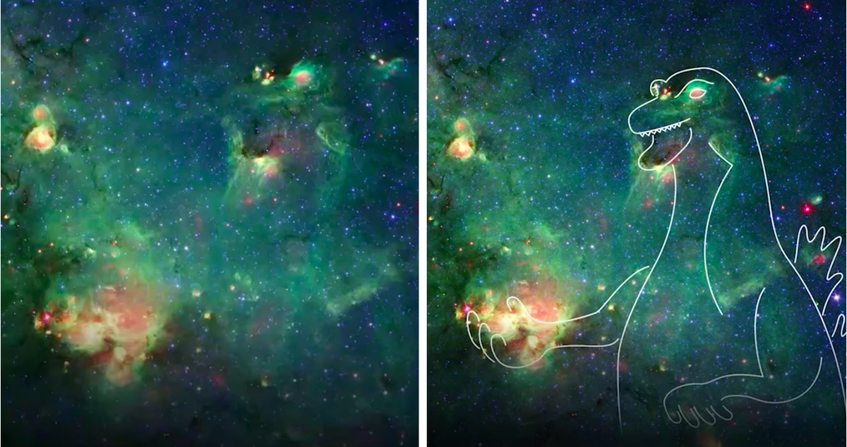 El telescopio espacial Spitzer, lanzado al espacio en 2003, envi&oacute; im&aacute;genes de nebulosas y se encontr&oacute; similitud con Godzilla.
