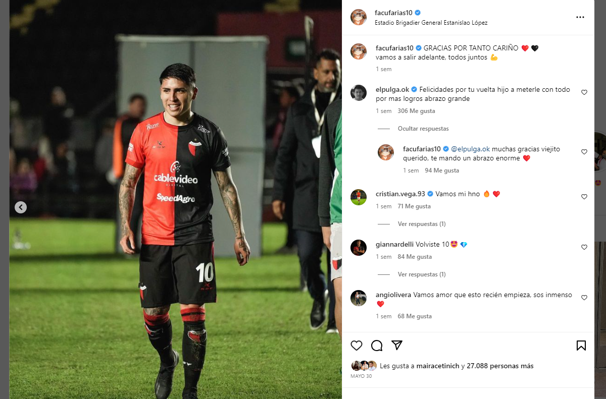 El mensaje paternal de Luis Rodríguez a Facundo Farías en Instagram.