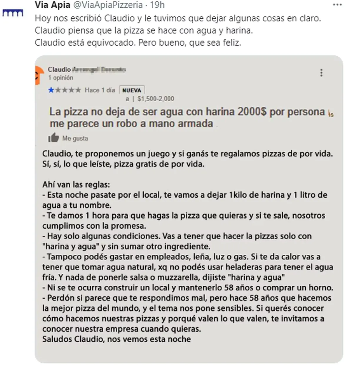La respuesta de la pizzería al comentario de Claudio, un usuario que se quejó de la comida.