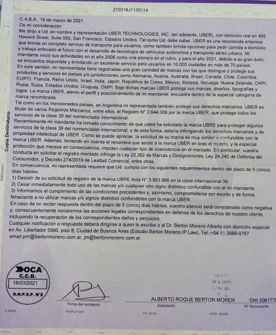 La carta a documento de Uber que recibió Solange Barroso.