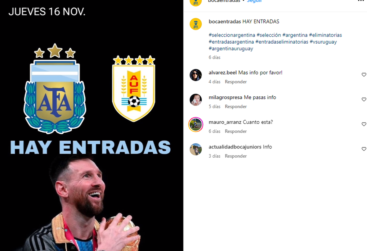 El Instagram que ofrecía entradas para el partido de Argentina vs. Uruguay. El Instagram que ofrecía entradas para el partido de Argentina vs. Uruguay.