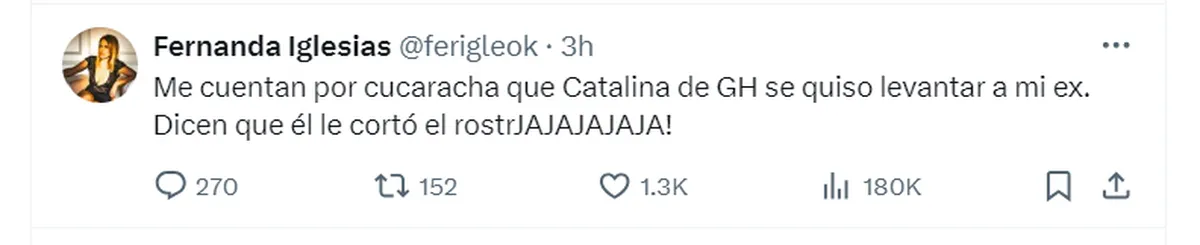 Fernanda Iglesias había asegurado que Catalina Gorostidi, de Gran Hermano, se le había insinuado a su ex, Pablo Nieto. Fernanda Iglesias había asegurado que Catalina Gorostidi, de Gran Hermano, se le había insinuado a su ex, Pablo Nieto.