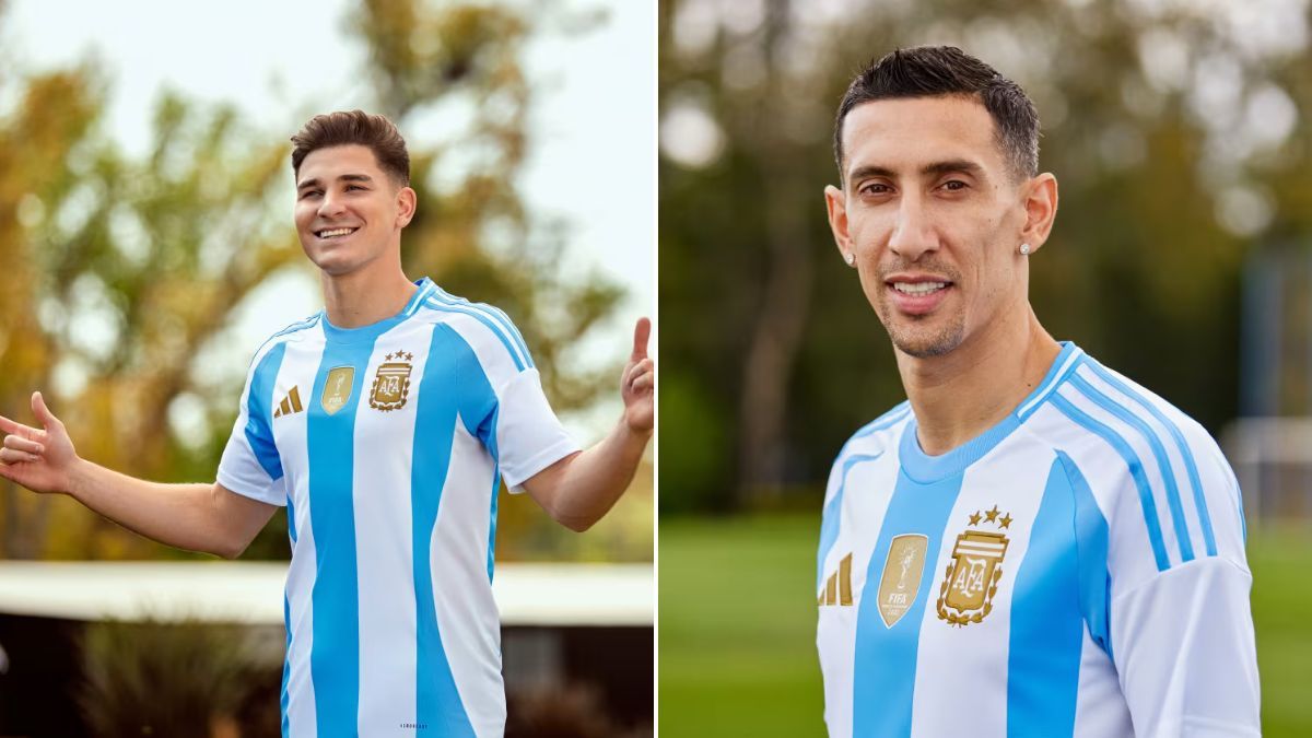 Julián Álvarez y Ángel Di María con las nuevas camisetas, versión hincha. Julián Álvarez y Ángel Di María con las nuevas camisetas, versión hincha.