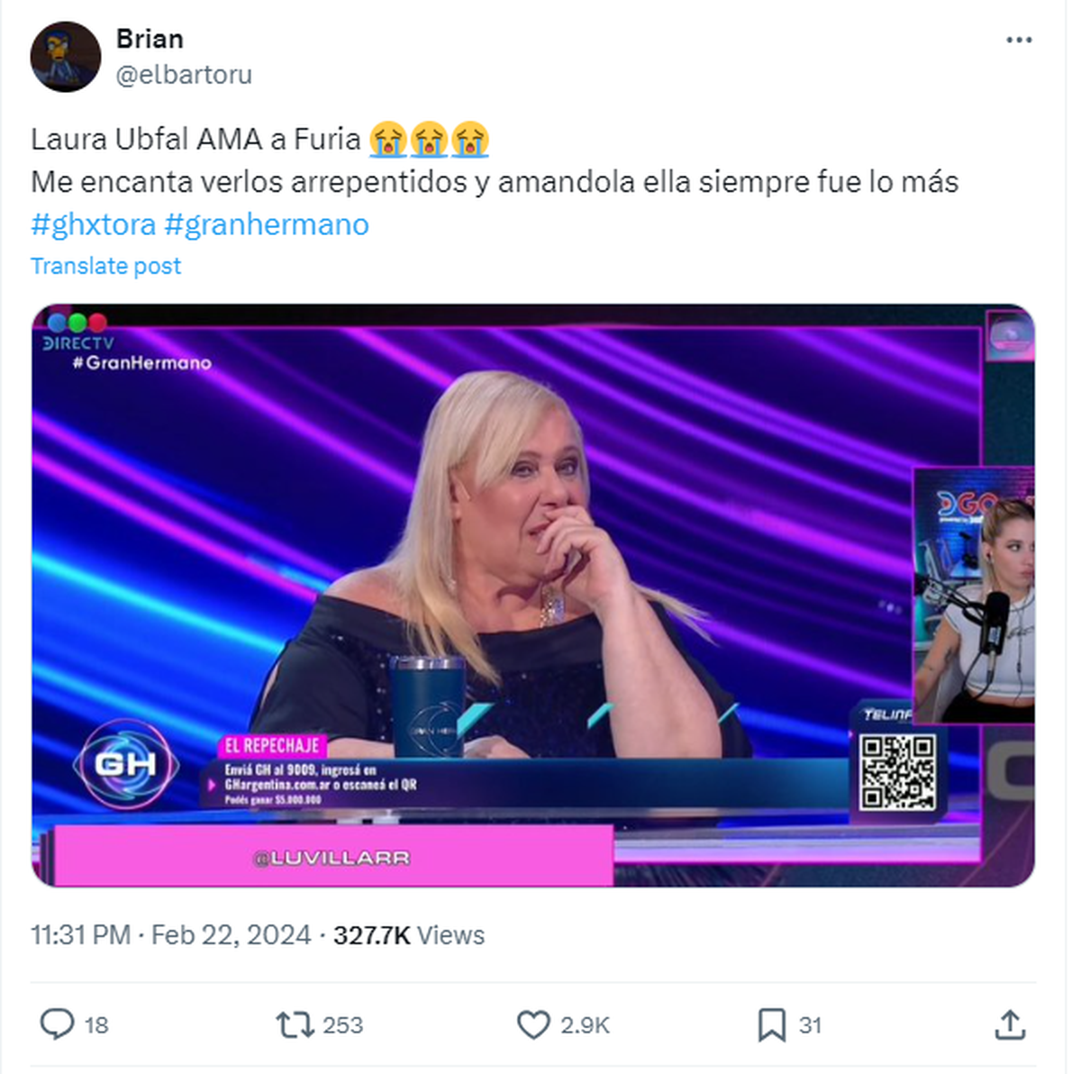 Laura Ubfal se emocionó al ver el encuentro de Furia y Coy en Gran Hermano. Laura Ubfal se emocionó al ver el encuentro de Furia y Coy en Gran Hermano.