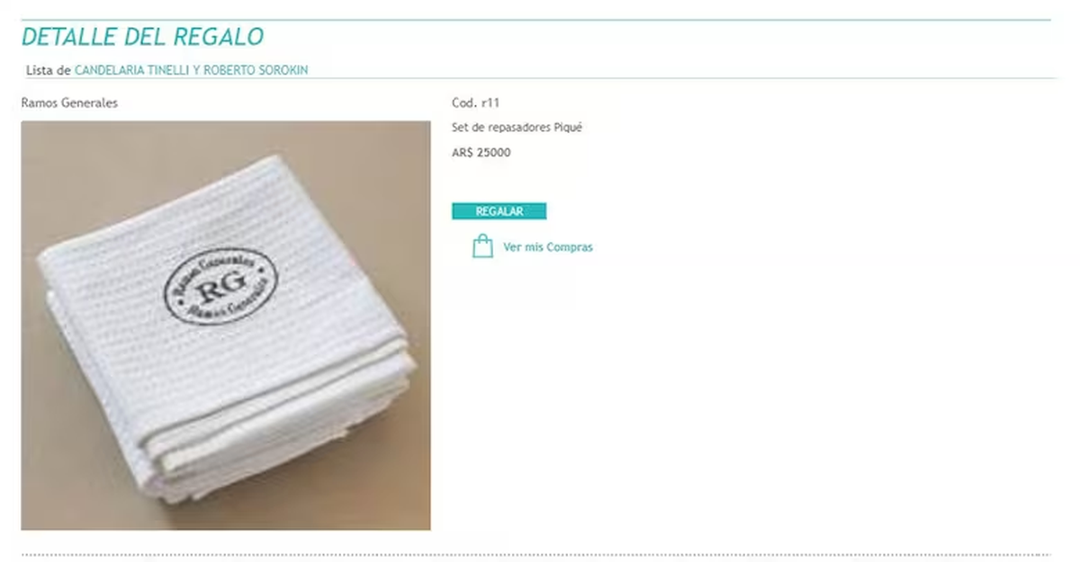 La lista de regalos del casamiento de Cande Tinelli y Coti Sorokin. La lista de regalos del casamiento de Cande Tinelli y Coti Sorokin.