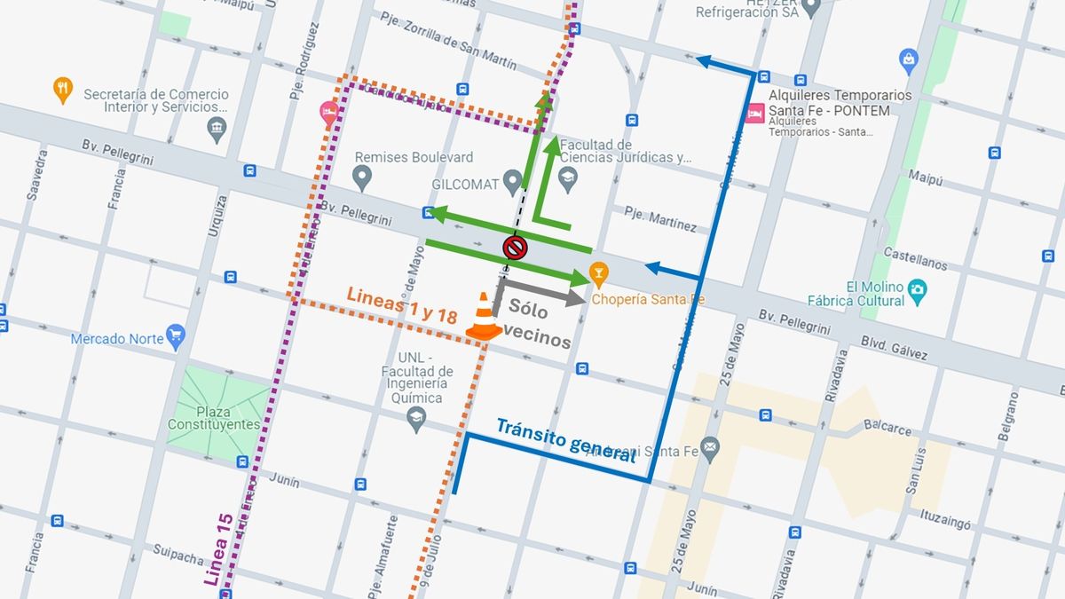 Así serán los cortes de tránsito y los desvíos de los automovilistas y colectivos por el corte en calle 9 de Julio. Fuente: Municipalidad.