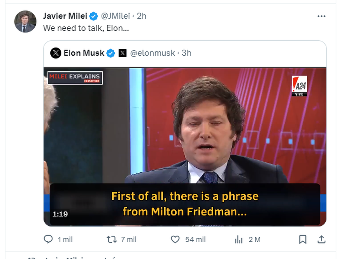 Captura del mensaje de Javier Milei. Captura del mensaje de Javier Milei. 