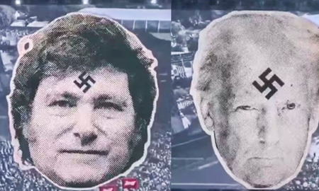 Una banda proyectó imágenes de Milei y otros líderes con símbolos nazis. Una banda proyectó imágenes de Milei y otros líderes con símbolos nazis.
