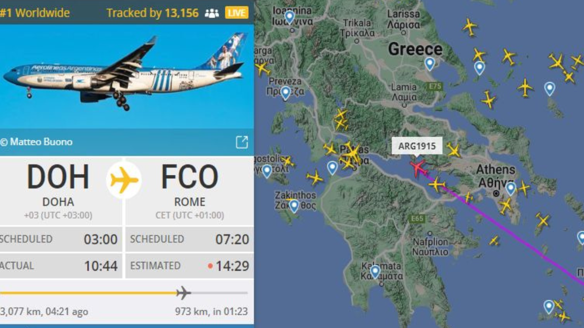 El avión, un Airbus 330-200, matrícula LV-FVH, ploteado con los colores y las imágenes de los jugadores de la Selección, partió ayer desde Doha alrededor de las 4.45 hora argentina y arribó a Roma cerca de las 10.30 hora de argentina.