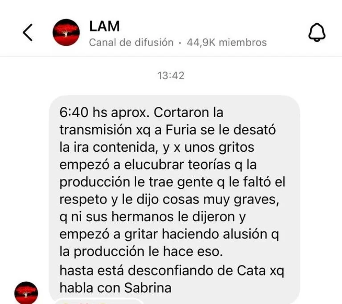 El canal de difusión de LAM expuso un exabrupto de Furia en Gran Hermano. El canal de difusión de LAM expuso un exabrupto de Furia en Gran Hermano.