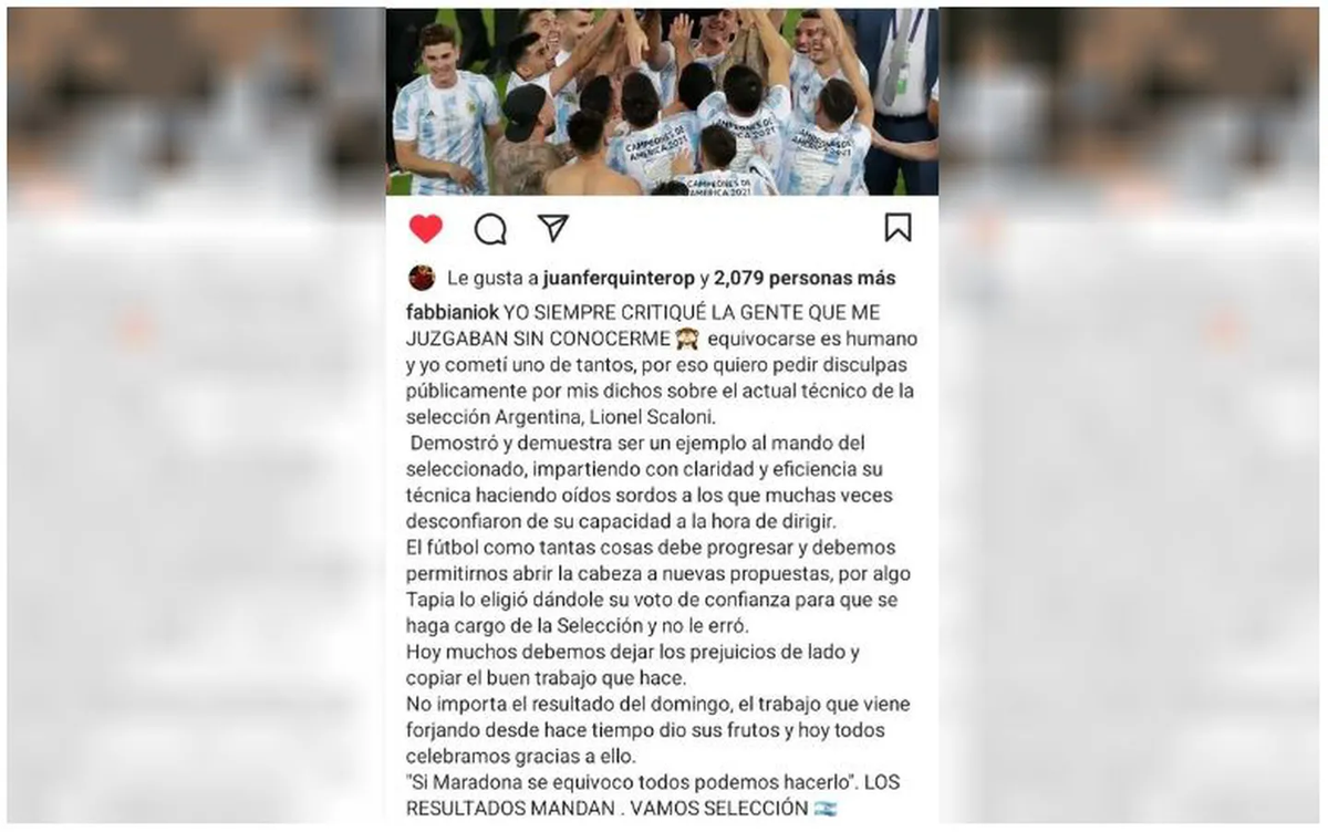 Posteo del Ogro Fabbiani y el pedido de disculpas a Lionel Scaloni. (Captura de Instagram)