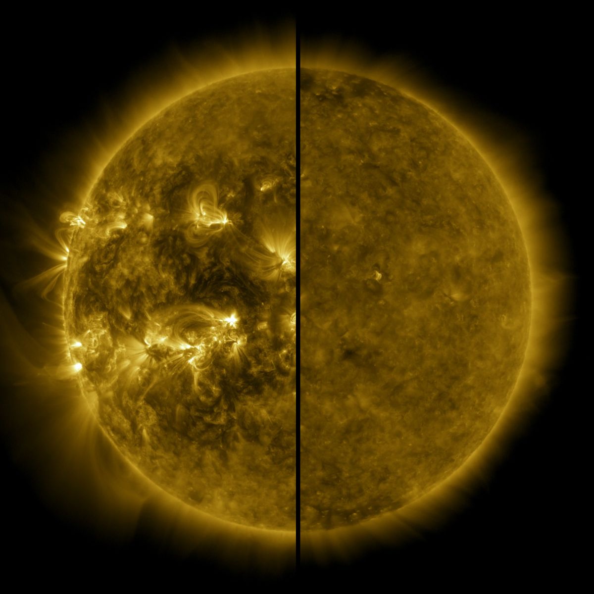 Esta imagen dividida muestra la diferencia entre un Sol activo durante un máximo solar (a la izquierda, capturado en abril de 2014) y un Sol tranquilo durante un mínimo solar (a la derecha, capturado en diciembre de 2019).