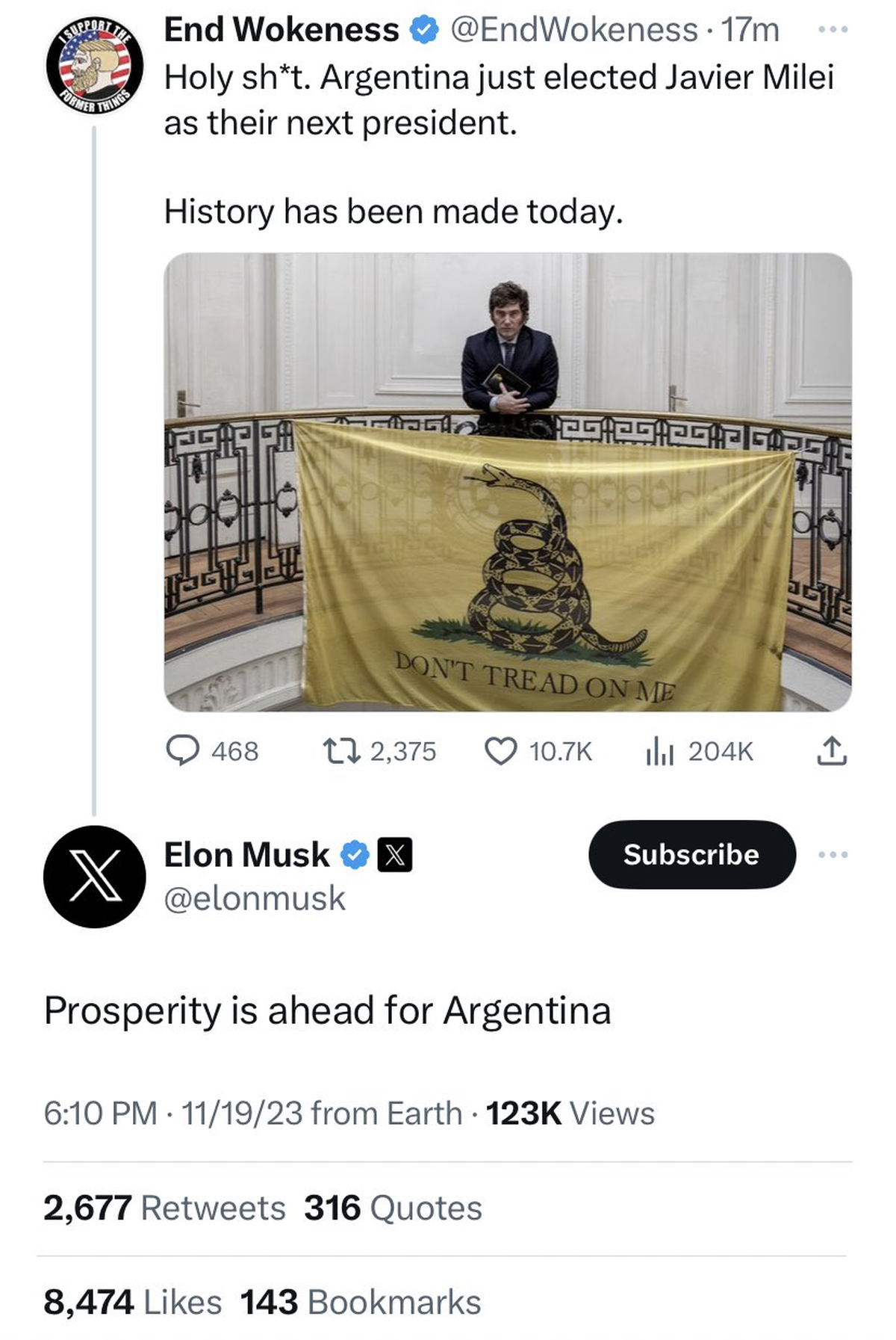 Elon Musk elogió la victoria de Javier Milei. Elon Musk elogió la victoria de Javier Milei.