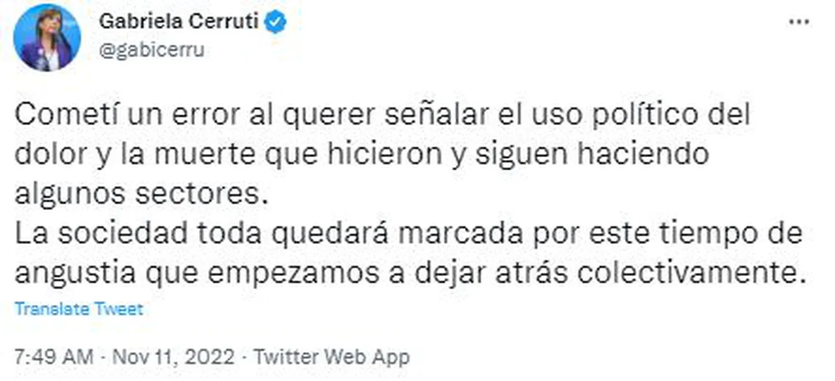 Pocas horas más tarde de que se viralizaran sus declaraciones, Cerruti pidió disculpas por las mismas.