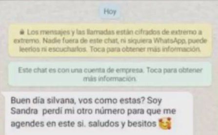 La conversación que generaron los delincuentes con sus contactos de WhatsApp para realizar la estafa