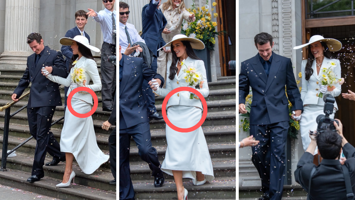 El polémico detalle en la boda de Dua Lipa: las almohadillas que sobresalen del saco Schiaparelli. El polémico detalle en la boda de Dua Lipa: las almohadillas que sobresalen del saco Schiaparelli.
