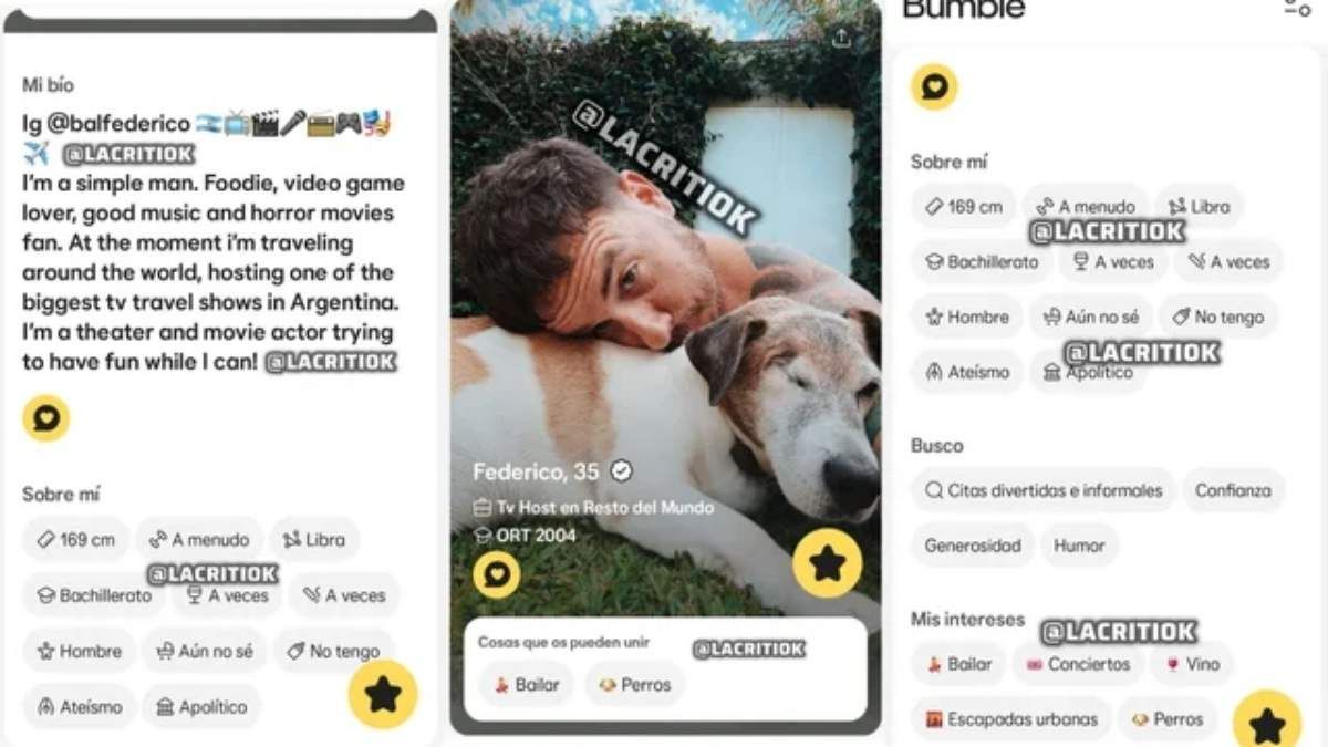 Algunas capturas del perfil de citas de Fede Bal en Bumble. Algunas capturas del perfil de citas de Fede Bal en Bumble.