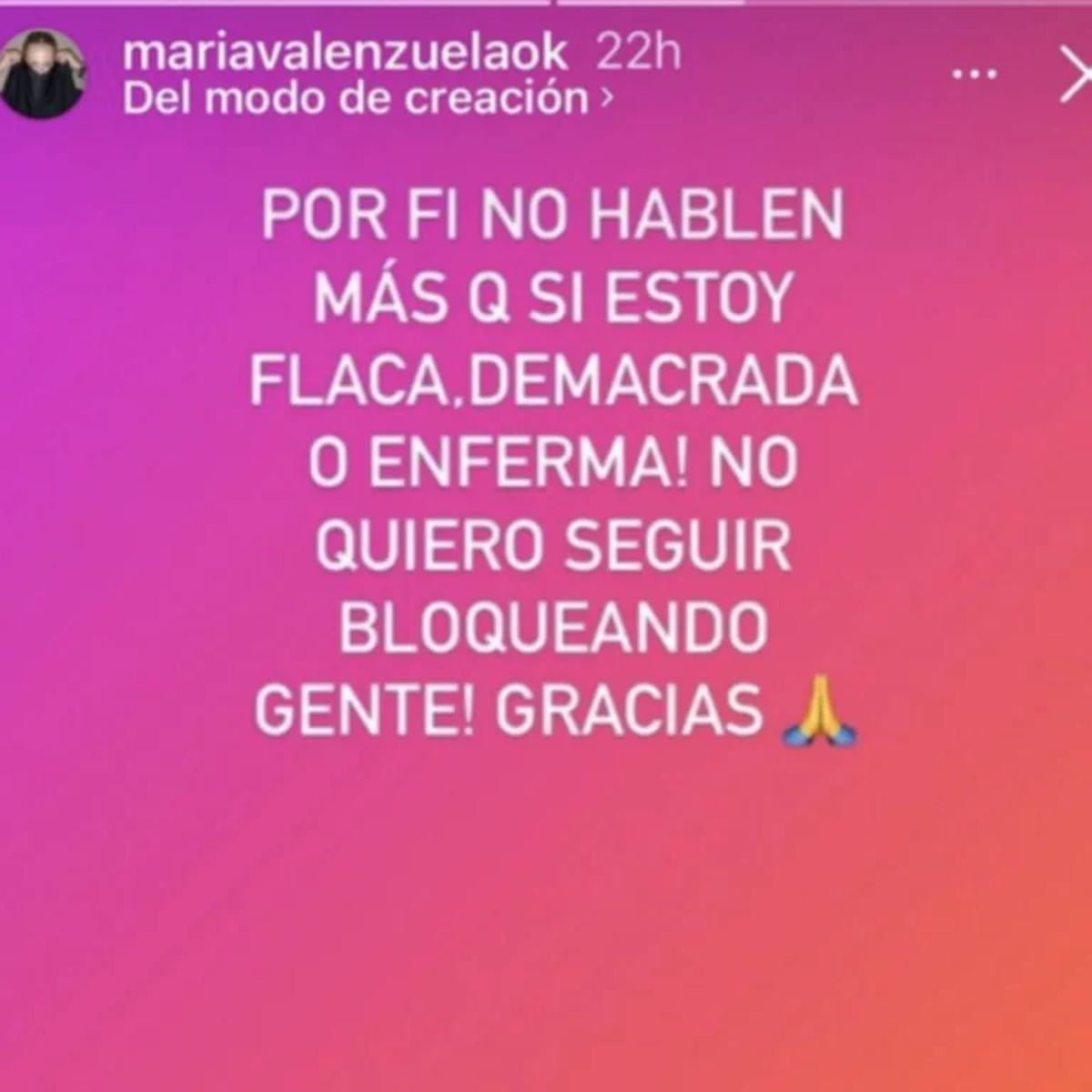 La historia de Instagram que public&oacute; Mar&iacute;a Valenzuela.