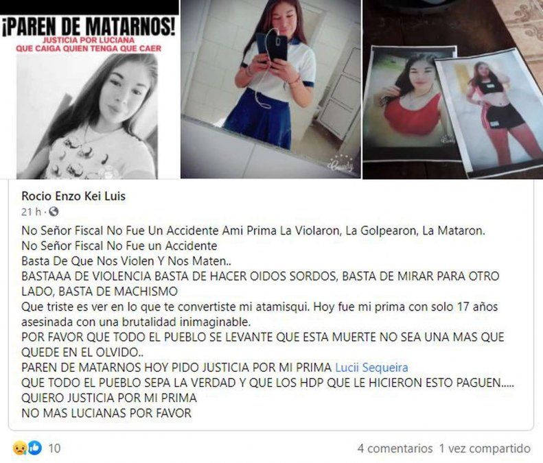 La publicación que realizó la prima de la víctima en su cuenta de Facebook.