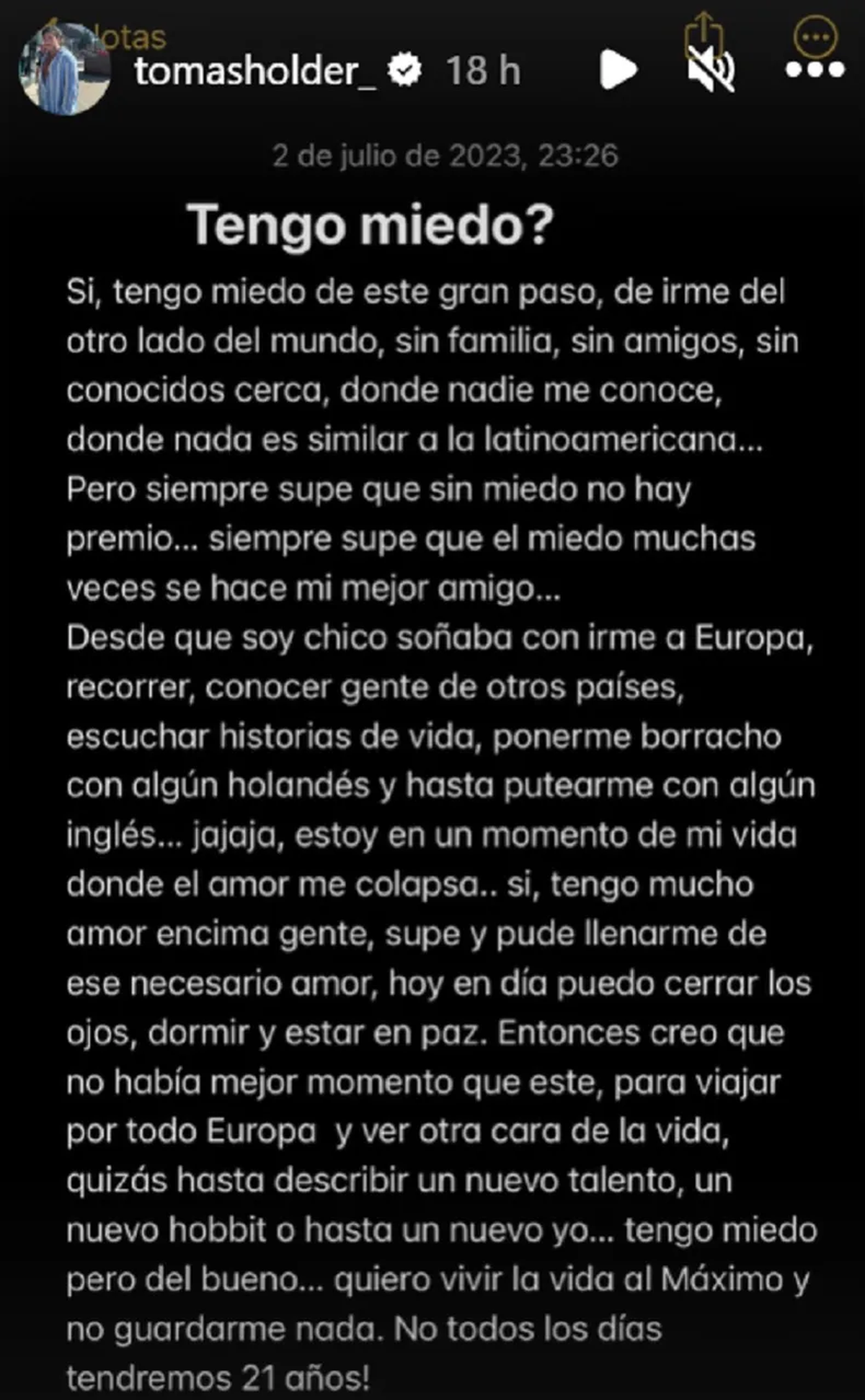 Tomás Holder abandona la Argentina, según anunció el ex Gran Hermano en Instagram.