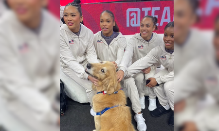 Beacon, el perro que incorporó el equipo de gimnasia de EEUU. Beacon, el perro que incorporó el equipo de gimnasia de EEUU.