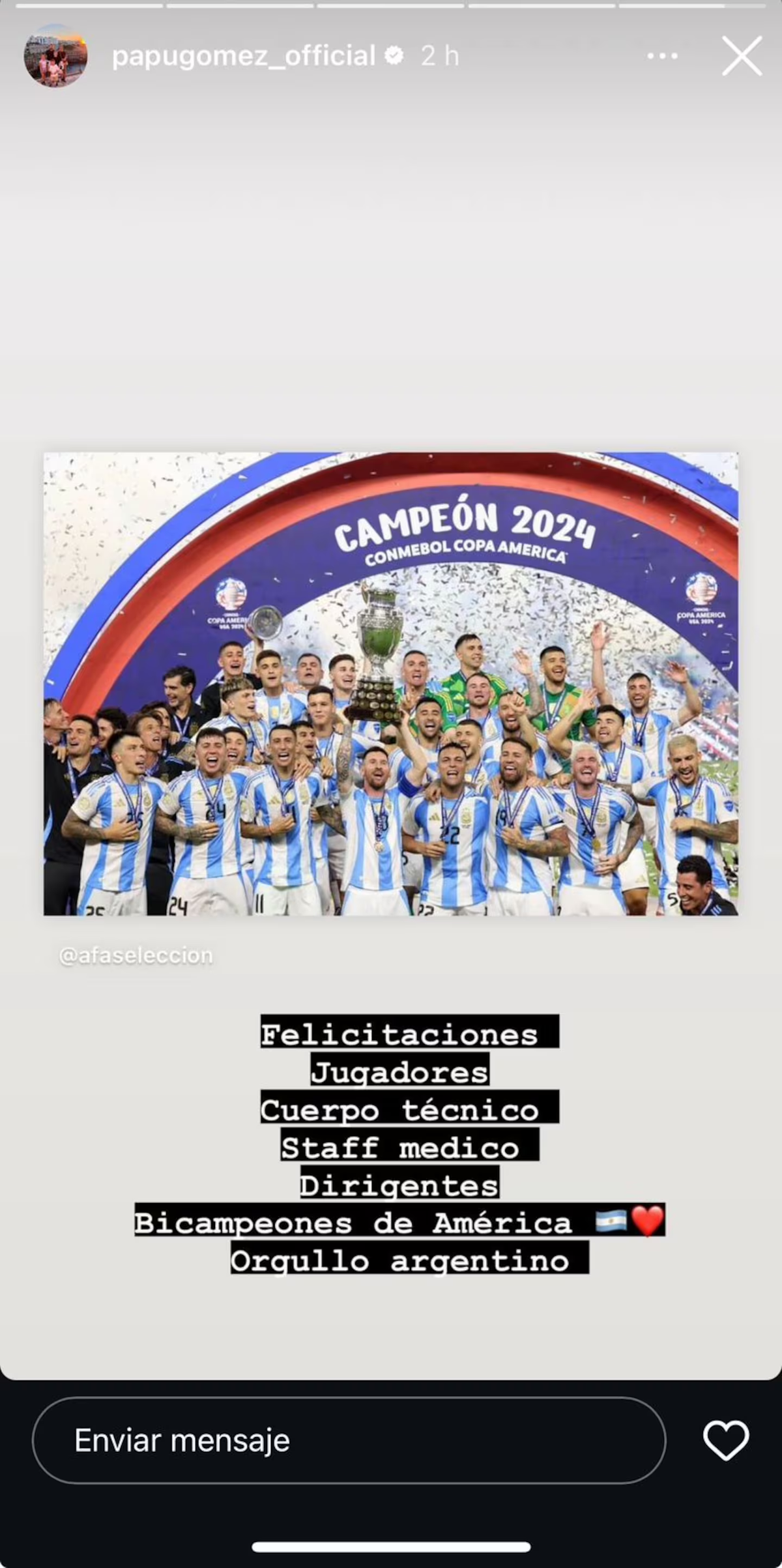 La REACCIÓN y el POSTEO del Papu Gómez tras la consagración de la Selección argentina en la Copa América 2024. La REACCIÓN y el POSTEO del Papu Gómez tras la consagración de la Selección argentina en la Copa América 2024.