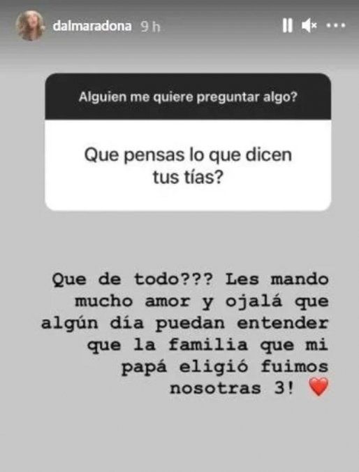Dalma Maradona se cansó de los dichos de sus tías y les respondió contundente. 