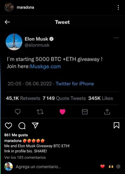 Uno de los posteos compartidos por los hackers en la cuenta de Instagram de Diego Maradona.