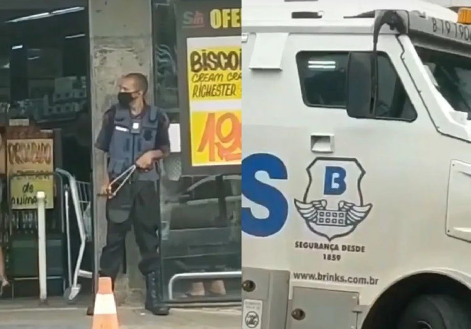 Un guardia de seguridad de Brasil defiende un camión de caudales con una gomera