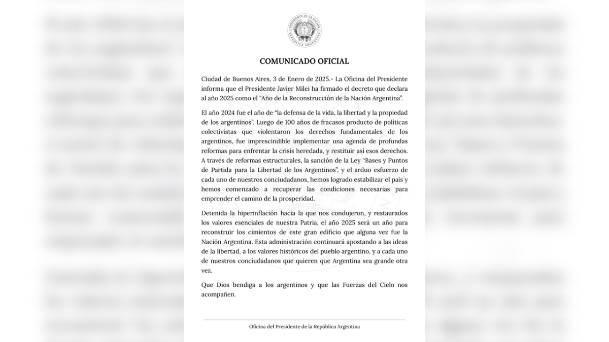 Javier Milei decretó que el 2025 será el "Año de la Reconstrucción de la Nación Argentina" Javier Milei decretó que el 2025 será el "Año de la Reconstrucción de la Nación Argentina"