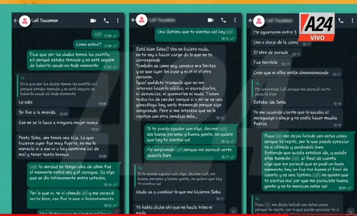 Chat entre Sebastián Sosa y la periodista denunciante. Crédito: A24. Chat entre Sebastián Sosa y la periodista denunciante. Crédito: A24.