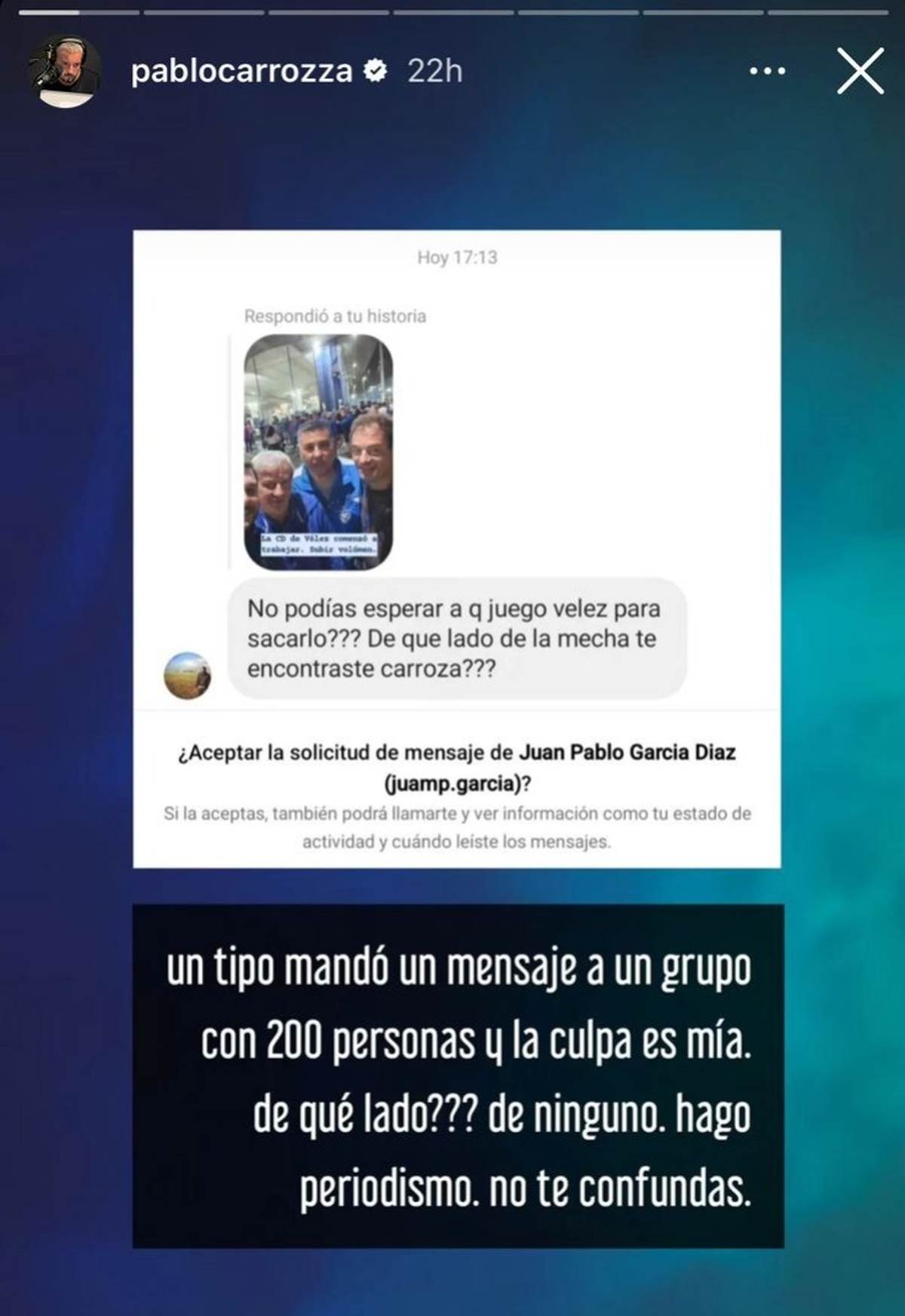 El periodista Pablo Carroza filtró en sus redes este supuesto audio de la nueva dirigencia de Vélez. El periodista Pablo Carroza filtró en sus redes este supuesto audio de la nueva dirigencia de Vélez.