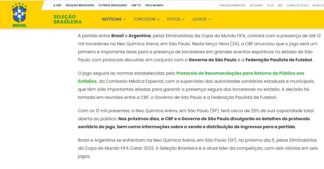 El comunicado de la CBF informando que el partido entre Brasil y Argentina tendrá público en las tribunas.
