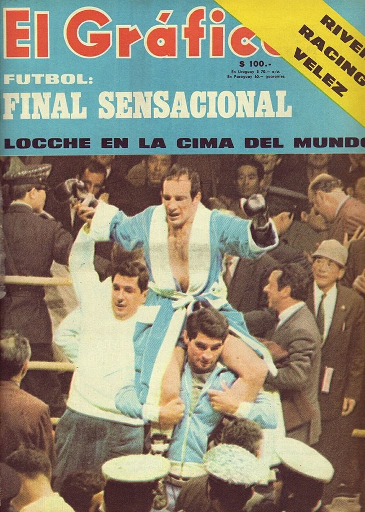 La consagración del tercer campeón mundial de la historia nacional fue la tapa de la edición 2567 de la revista El Gráfico, publicada el martes 17 de diciembre de 1968. En la foto, Locche es llevado en andas por su comprovinciano y sparring, Juan Mendoza Aguilar, junto con promotor Juan Carlos Tito Lectoure (de blanco, a su derecha). La consagración del tercer campeón mundial de la historia nacional fue la tapa de la edición 2567 de la revista El Gráfico, publicada el martes 17 de diciembre de 1968. En la foto, Locche es llevado en andas por su comprovinciano y sparring, Juan Mendoza Aguilar, junto con promotor Juan Carlos Tito Lectoure (de blanco, a su derecha).