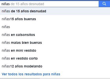 Las opciones de búsqueda de Facebook al escribir “niñas”, como patrón del abuso sexual infantil