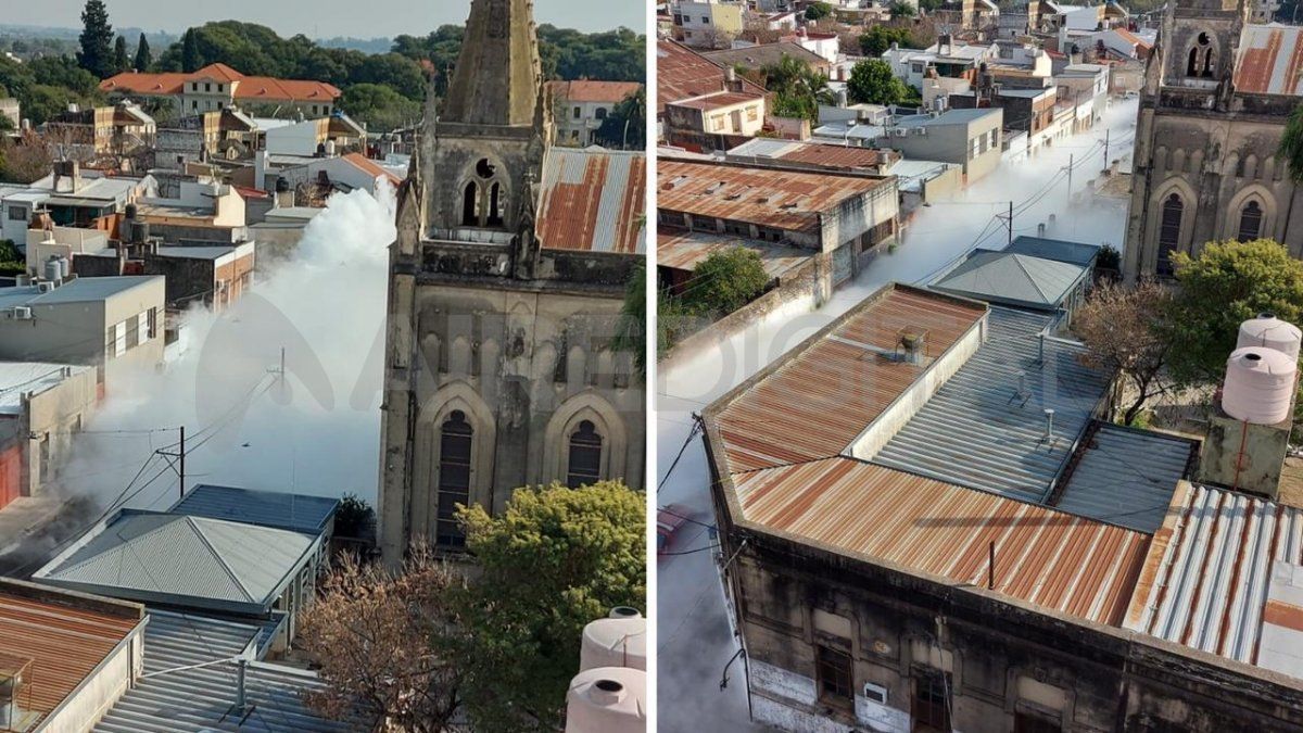 Fotos aéreas del momento en que se rompió la manguera del camión de oxígeno en el hospital de Santa Fe.(Gentileza: Julián Aldecova)
