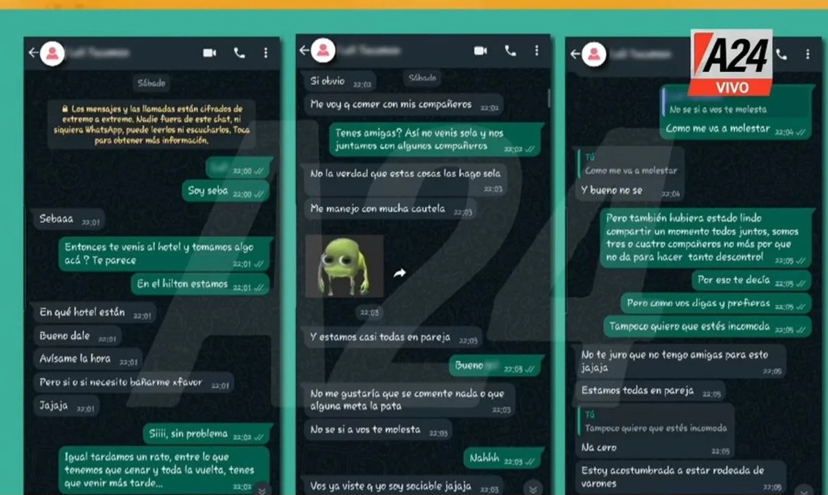 Chat entre Sebastián Sosa y la periodista denunciante. Crédito: A24. Chat entre Sebastián Sosa y la periodista denunciante. Crédito: A24.