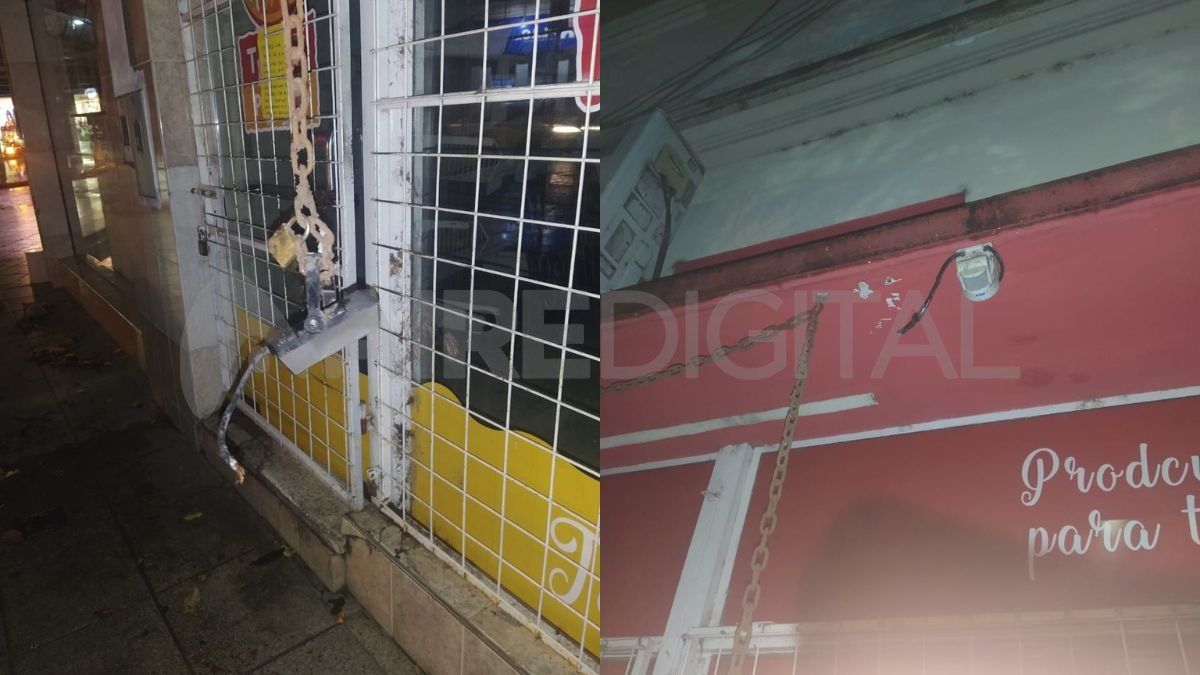 Tras el robo, los cables quedaron colgando en el frente del comercio.