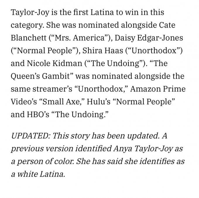 Variety se corrigió y escribió que es la primera “actriz latina” en ganar el galardón.