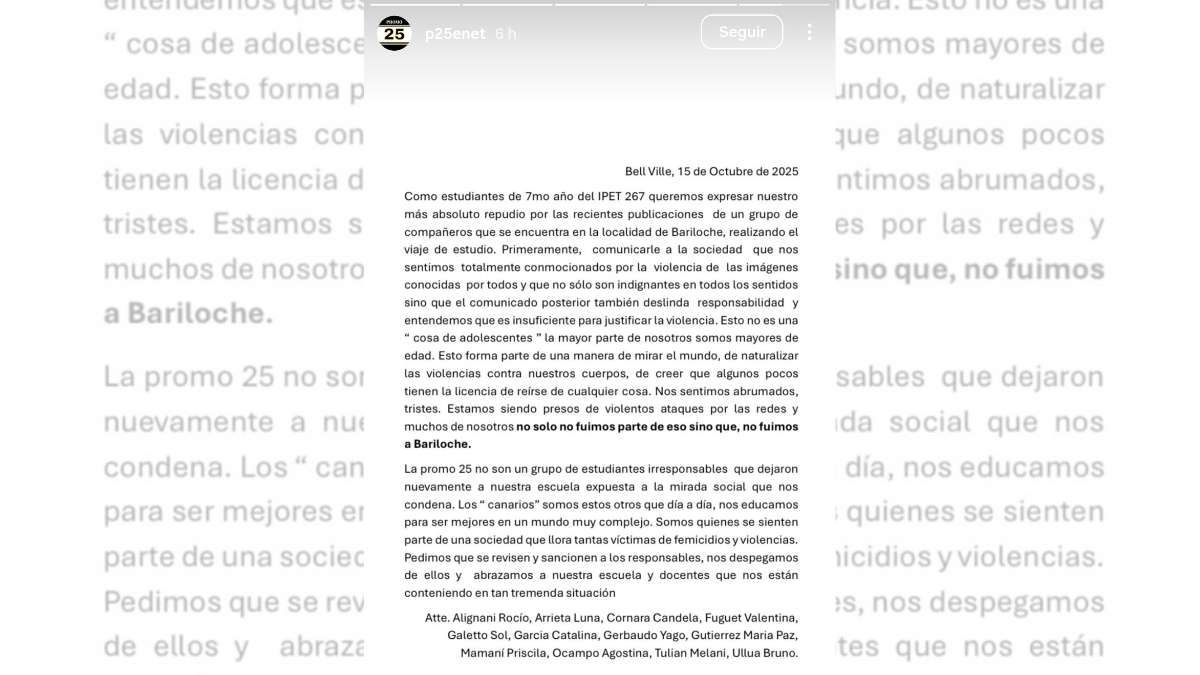 Compañeros del joven de Bell Ville, Córdoba, publicaron comunicados pidiendo disculpas y marcando distancia. Compañeros del joven de Bell Ville, Córdoba, publicaron comunicados pidiendo disculpas y marcando distancia.