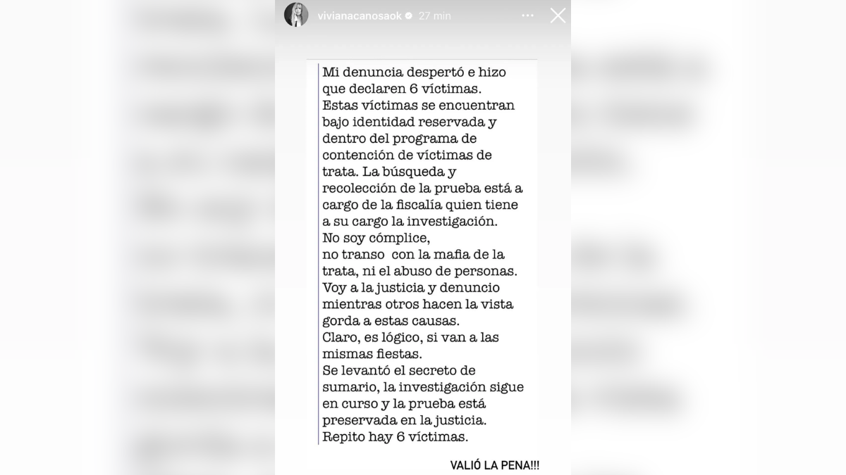 A través de sus historias de Instagram, Viviana Canosa hizo un fuerte descargo en el que defendió su denuncia y afirmó que ya declararon seis víctimas. A través de sus historias de Instagram, Viviana Canosa hizo un fuerte descargo en el que defendió su denuncia y afirmó que ya declararon seis víctimas.